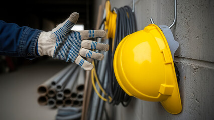 Builder hand reaching for helmet on construction site, safety and preparedness in work environment
