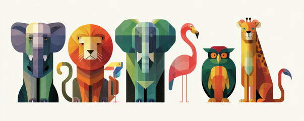 Obraz premium Colorful geometric animal illustration with elephant, lion, toucan, flamingo, owl, and giraffe in modern style