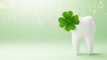 White tooth model with shamrock on green background, dentistry and Saint Patrick's Day celebration