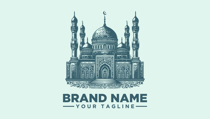 A mosque logo illustration with a brand name and tagline on a light green background, featuring a vector icon of a building with minarets and a dome.