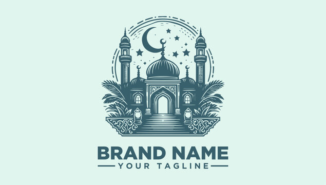 A stylized illustration of a mosque with a crescent moon and stars, surrounded by palm trees and floral patterns, with a placeholder brand name and tagline on a light green background.