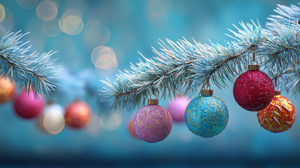 Christmas tree branch with glittering ornaments and bokeh lights