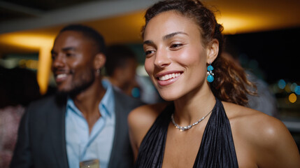 Two guests in stylish attire enjoy a vibrant party atmosphere, highlighting the joy of social interactions, connection, and personal style amidst a lively background.