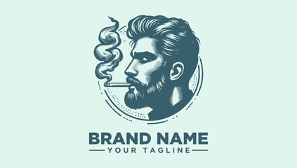 A minimalist logo design featuring a stylized illustration of a man's head with a beard smoking a cigarette, accompanied by placeholder text for a brand name and tagline on a light green