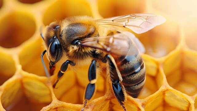Honeybee Gently Licking Nectar from Comb Cell