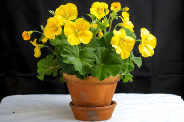 Bright Yellow Primrose Flowers in Terracotta Pot on Black Background
