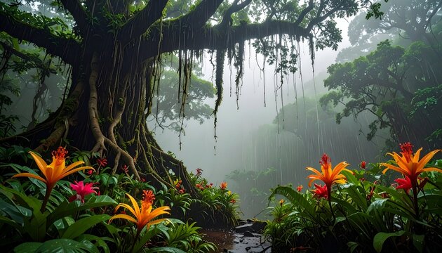 Lush rainforest scene with vibrant flowers and ancient tree in misty environment - Powered by Adobe