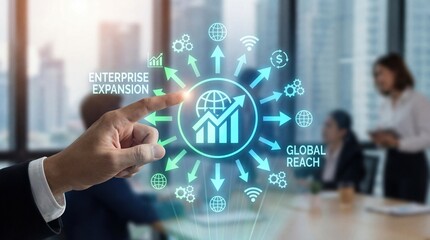 Businessman interacting with futuristic global growth interface in modern office