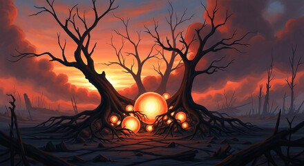 Digital painting of barren landscape at sunset, two leafless trees with glowing orbs at their roots, symbolizing resilience, hope, or rebirth in a desolate environment