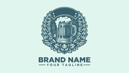 A logo illustration featuring a beer mug surrounded by wheat and hops on a light green background with a brand name and tagline placeholder.
