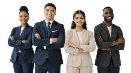 A diverse group of corporate employees engaged in a meeting, an illustration of business team unity. Illustration of a dynamic workforce achieving business success on a transparent background
