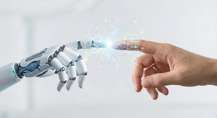 Robotic and human hand touching with digital connection spark