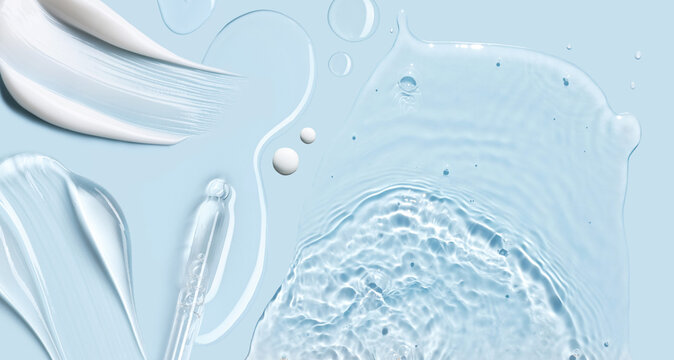 cosmetic cream smears, smooth and shiny texture, water texture ripple wave clean transparent water drops abstract blue background