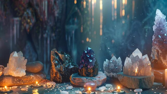 Mystical Crystal Altar Illuminated by Flickering Candles in Enchanted Cave