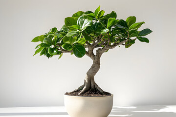 Small Bonsai Tree in White Ceramic Pot on Neutral Background