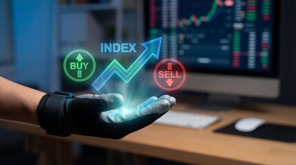 Businessman analyzing stock market trends with buy sell index