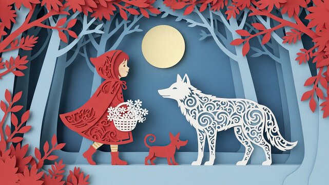 Little Red Riding Hood and the Wolf: A captivating scene unfolds, depicting the iconic fairytale, where a young girl encounters a cunning wolf in an enchanted forest.