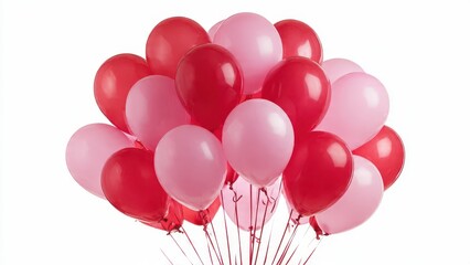 Vibrant red and pink helium balloon cluster isolated on a white background. Festive bunch of party balloons for celebration, love, anniversary, or birthday events.