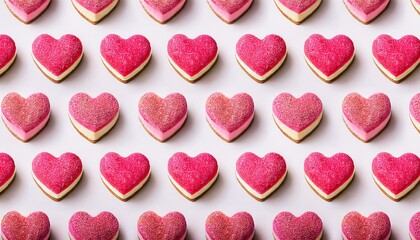 Top view of pattern made of many mini pink and red heart cheesecakes on white background
