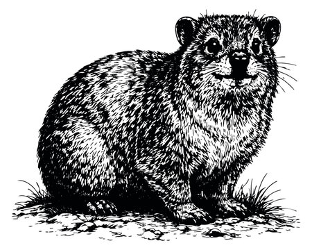 Hand drawn line art illustration of a rock hyrax depicting it sitting on rocky ground for educational purposes