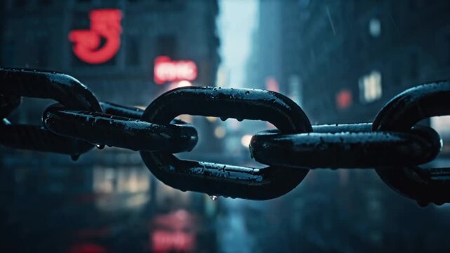 Extreme close-up of old, heavy metal chains hanging, rain falling urban cityscape blurred background, soft sun rays breaking clouds, glistening water droplets, cinematic shallow depth of field, rust