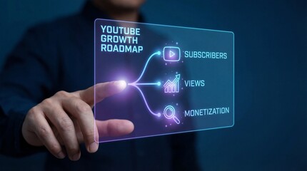 Businessman interacting with YouTube growth roadmap on futuristic screen
