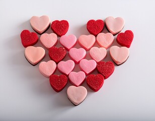 Velentine's day concept. Top view of many pink and red cheesecakes in shape of a heart on white background