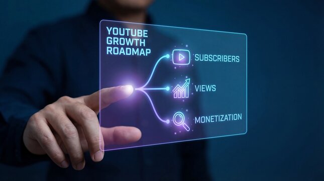 Businessman interacting with YouTube growth roadmap on futuristic screen - Powered by Adobe
