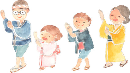 盆踊りを踊る家族の水彩イラスト　ベクター