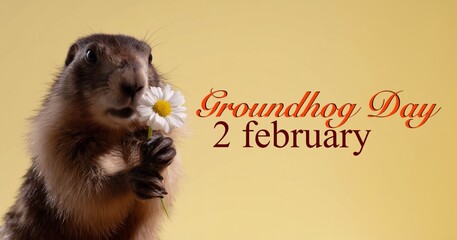 A postcard depicting a groundhog holding a daisy in its paws on a neutral yellow background with the inscription "Groundhog Day, February 2nd"