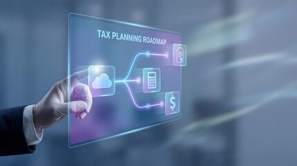 Businessman interacting with tax planning roadmap on futuristic interface