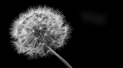 Minimal Black and White Close-Up of Dandelion Seed Head on Black Background &ndash; Delicate Nature and Calm Concept