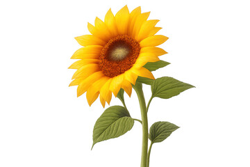 Obraz premium Single sunflower head blooming, showing delicate petals and green leaves, bright yellow color representing summer and happiness