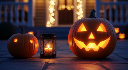 Lit jack-o'-lanterns and lantern on porch steps at night, illuminated against a blurred background of house lights, showcasing Halloween ambiance and festive spirit