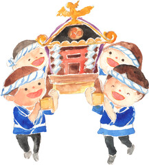 子ども神輿の水彩イラスト　ベクター