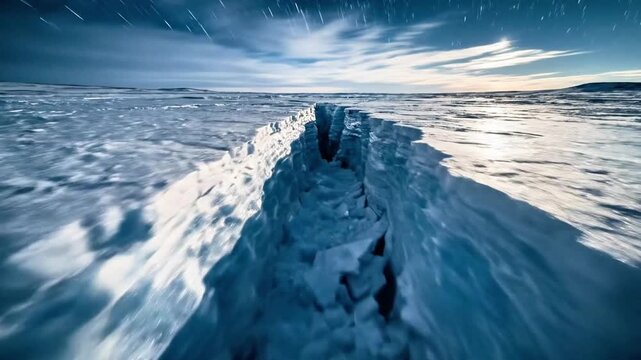 A vast, icy landscape with a massive crack in the foreground, showcasing the effects of climate change on polar regions