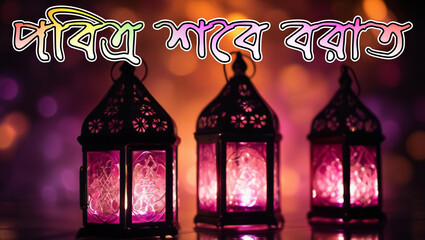Beautiful Glowing Ramadan Lanterns with Bengali Text Shab-e-Barat Mubarak Background