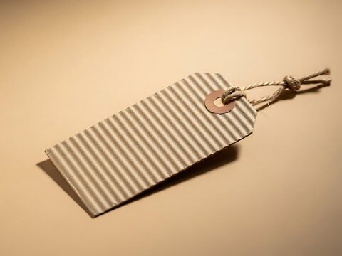 Minimalist corrugated tag with simple twine on neutral backdrop space
