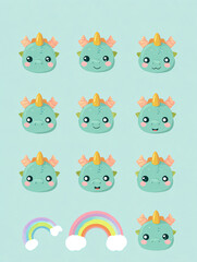 Obraz premium Adorable cartoon dragon faces with various cute expressions and colorful rainbows, perfect for childrens designs and fantasy themes