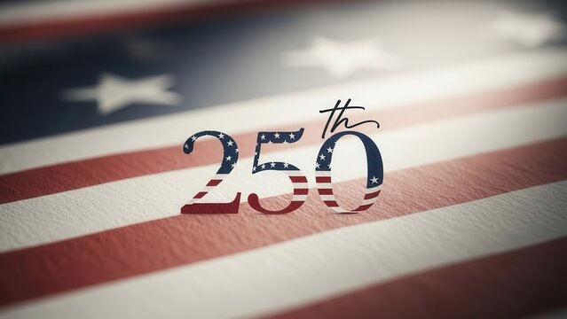 250th anniversary logo with flag texture on blurred American flag background. Patriotic concept for USA Semiquincentennial 2026, independence day celebration and national pride.