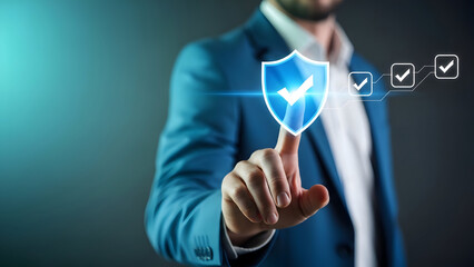 Businessman interacting with a digital shield and verification icons