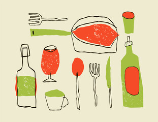 Retro Kitchenware and Cooking Tools Set: Textured Hand-Drawn Utensils for Culinary Blogs, Recipes and Restaurant Branding