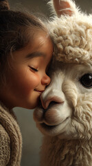 Obraz premium Adorable child girl with closed eyes nuzzling a fluffy white alpaca, expressing pure love and innocence Concept of friendship, nature, and gentle connection