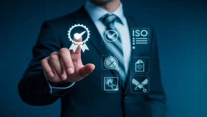 A mid-shot of a man in a dark business suit interacting with glowing blue digital icons, his index finger nearly touching a ribbon checkmark icon, futuristic ISO certification interface, dark blue gra