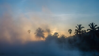 Misty sunrise landscape with silhouettes of trees and dramatic sky background