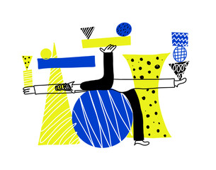 Abstract Teamwork Concept. Naive Characters Balancing Geometric Shapes for Business and Tech Branding