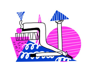 Abstract Teamwork Concept. Naive Characters Balancing Geometric Shapes for Business and Tech Branding