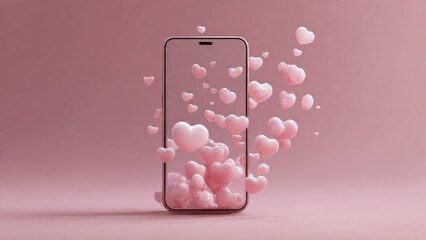 3D pink hearts flying out of a smartphone screen. Concept for social media likes, dating apps, digital love, Valentine's Day, or romantic messages on mobile technology.