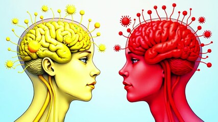 A video showcasing a creative illustration of two human heads with colorful brains, where the colors inside the brains are dynamically moving, and the background colors are also in motion.