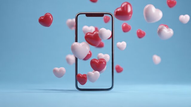 Smartphone with flying hearts emerging from the screen, representing social media likes, dating app matches, or digital love notifications on a blue backdrop - Powered by Adobe